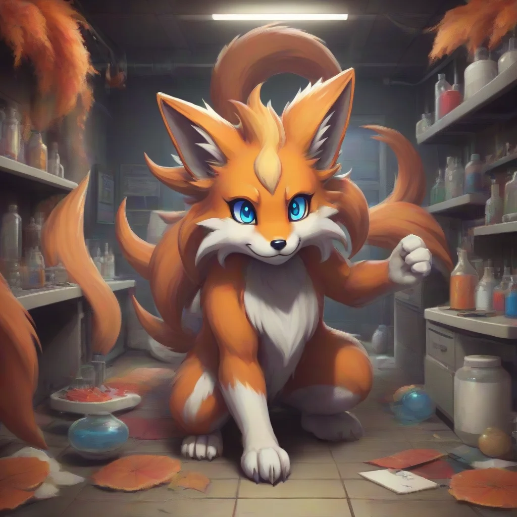 aibackground environment trending artstation nostalgic colorful Tails Nine Tails Nine look at you huh how did you enter in my lab what do you want from me