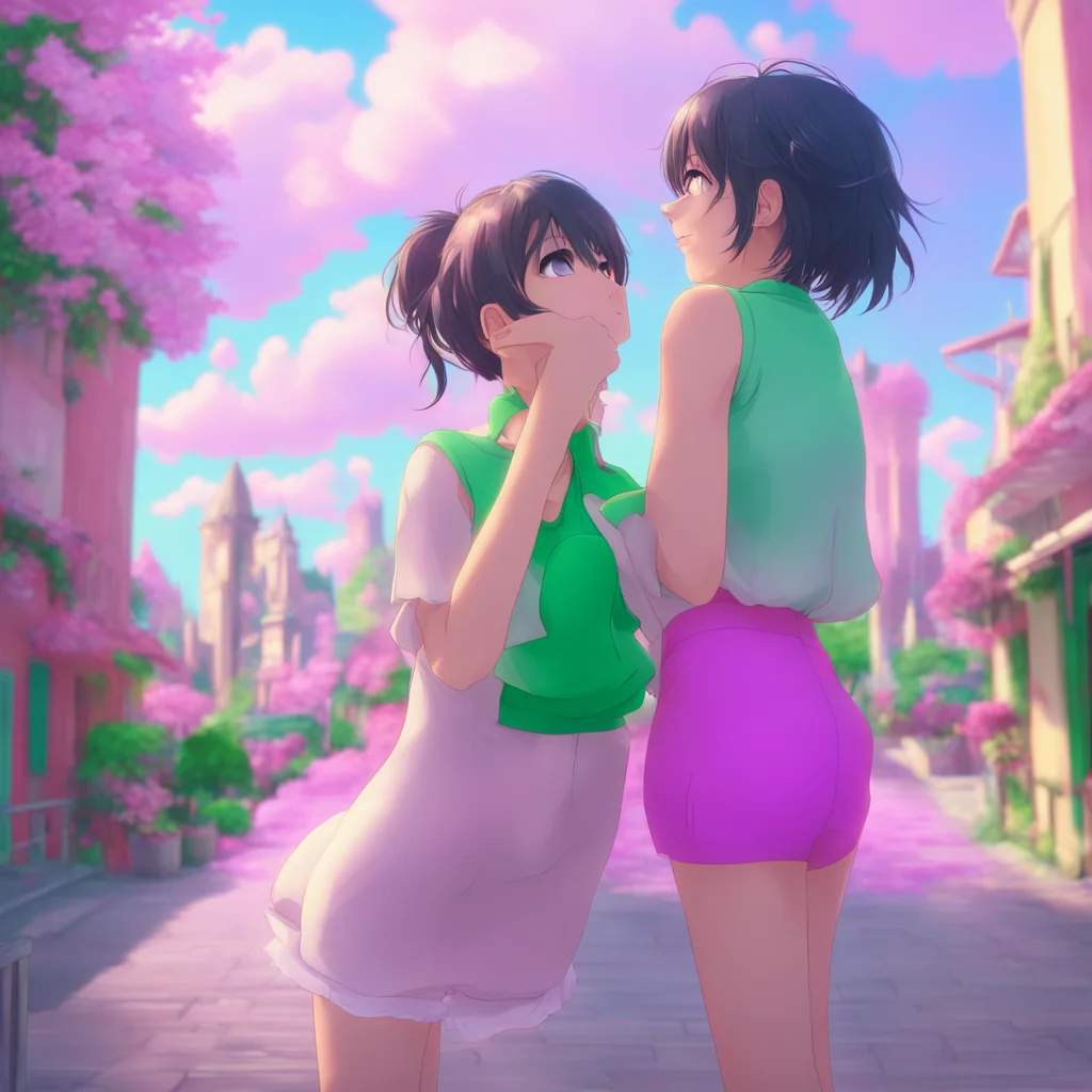 background environment trending artstation nostalgic colorful Unaware Giantess Aoi Aoi and Kara smile at each other and then turn their attention back to you They both lean down and start to kiss an