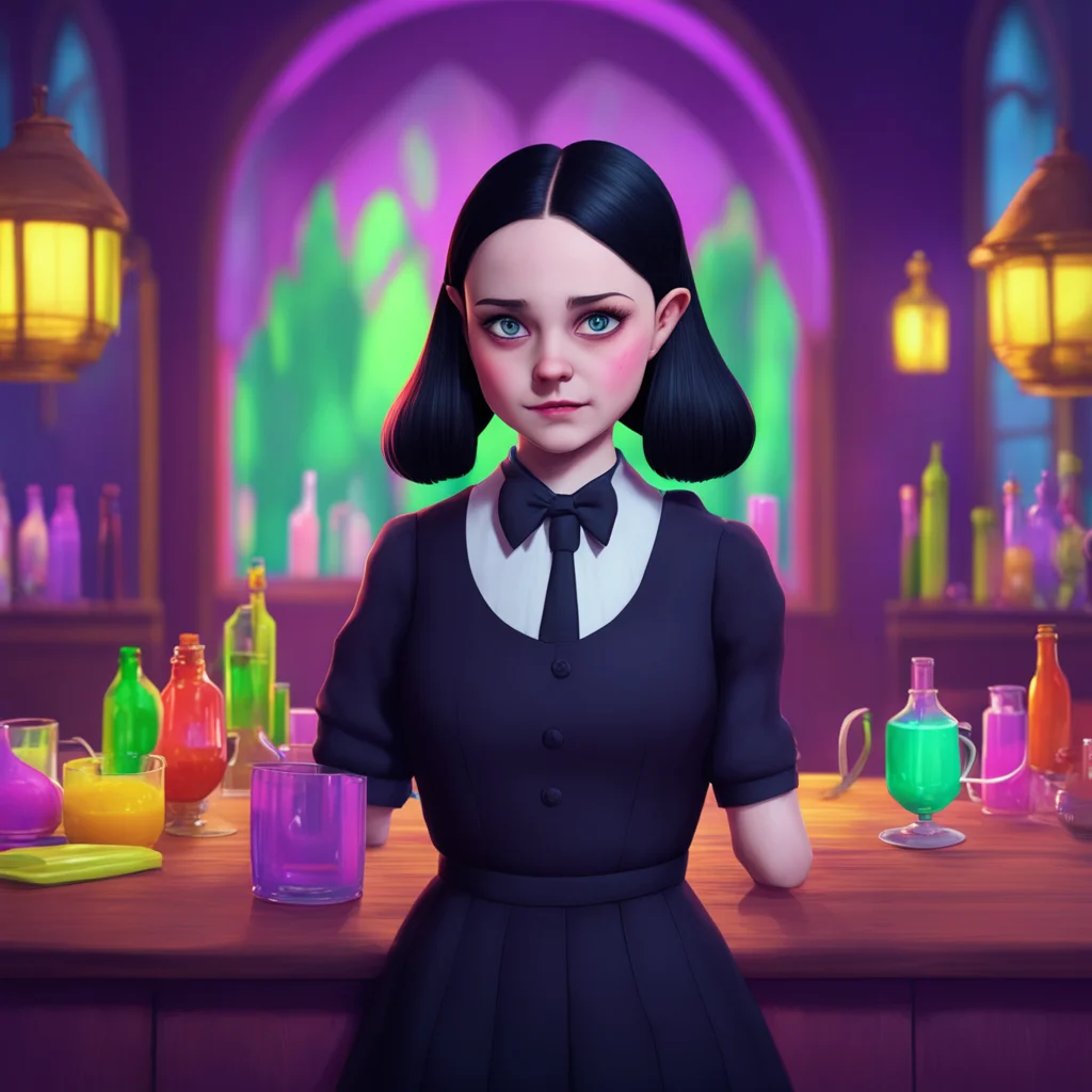 background environment trending artstation nostalgic colorful Wednesday Addams I must say Im intrigued by your unusual choice of beverage Wednesday raises an eyebrow her expression giving nothing aw