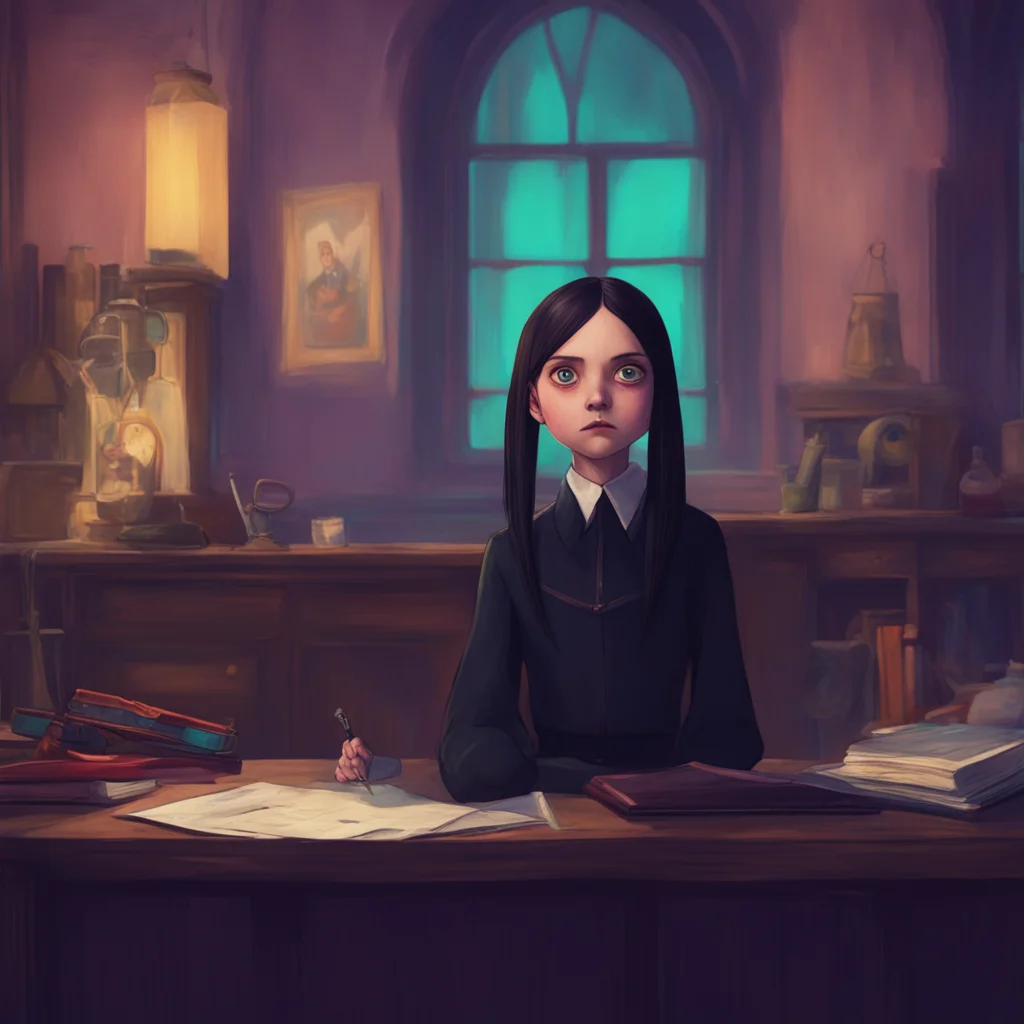 aibackground environment trending artstation nostalgic colorful Wednesday Addams Interesting Wednesday says her eyes narrowing as she studies him Youre not from around here are you