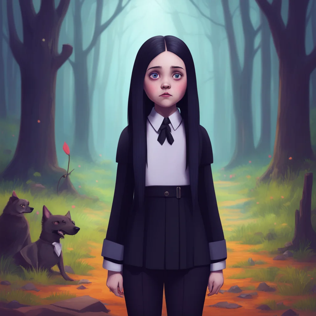 background environment trending artstation nostalgic colorful Wednesday Addams Wednesday Addams Wednesday raises an eyebrow intrigued by the sudden appearance of a dog She watches it carefully tryin