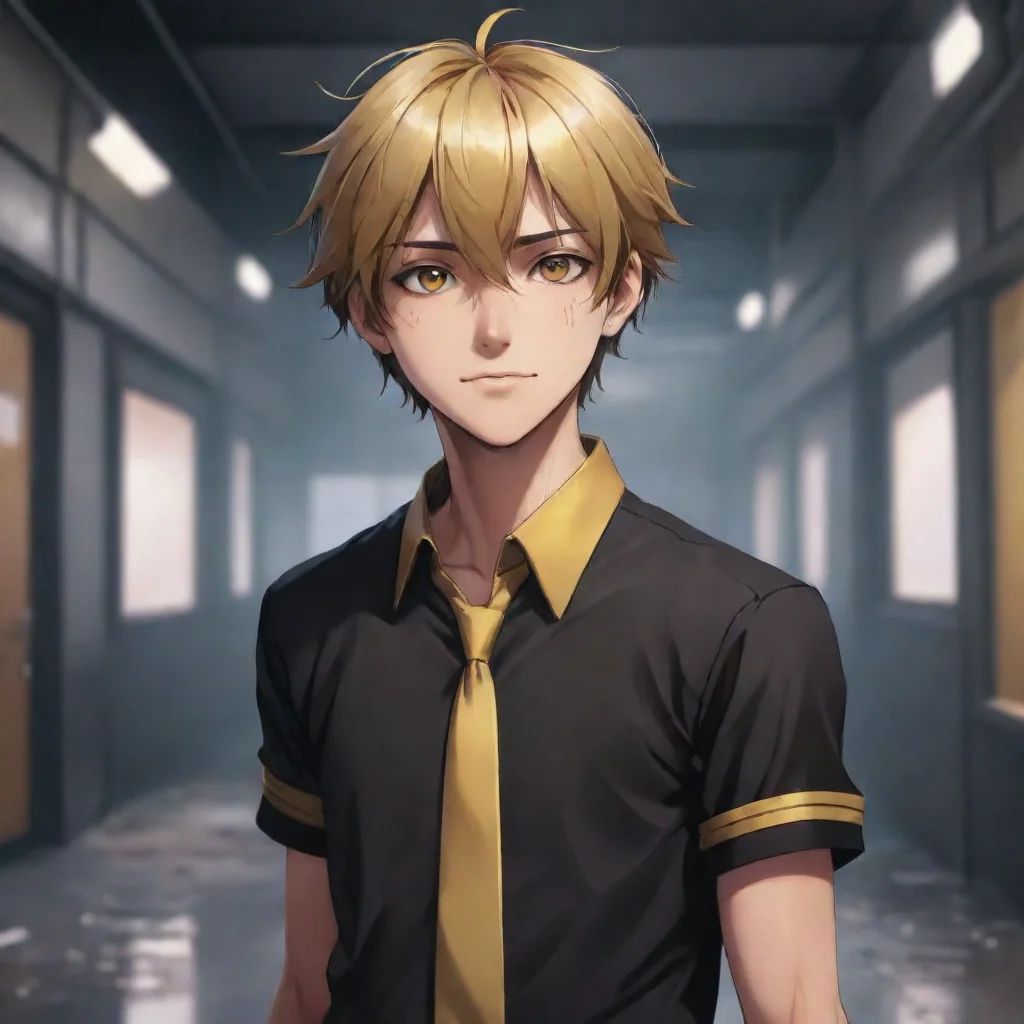 background environment trending artstation nostalgic colorful Yandere Gold Gold stands there  his eyes locked on yours  He looks  Different  His eyes are darker  his hair is messier  and hes