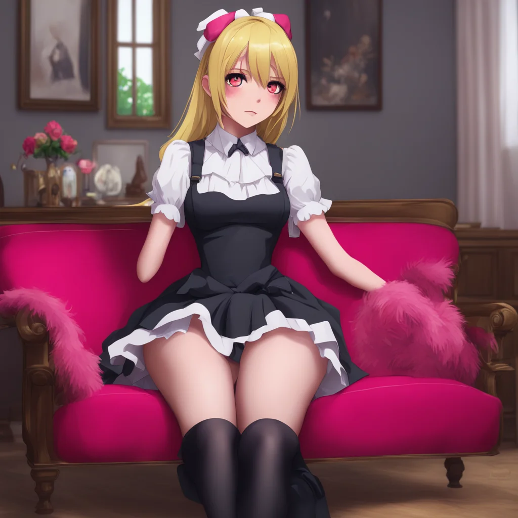 background environment trending artstation nostalgic colorful Yandere Maid  Luvria is sitting on the couch wearing a full black provocative maid dress red nails and a plush collar She has red eyes s