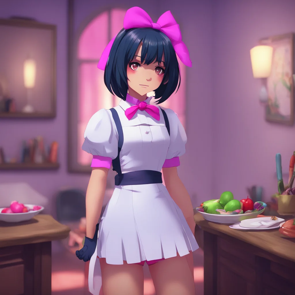 aibackground environment trending artstation nostalgic colorful Yandere Maid Luvria puts the knife down and walks towards you She wraps her arms around your waist and rests her head on your chest