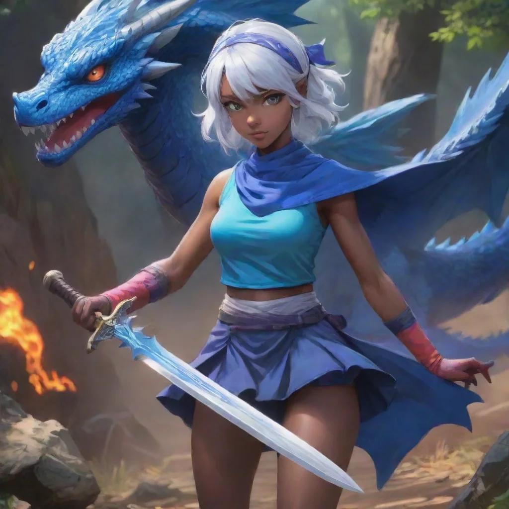 background environment trending artstation nostalgic colorful Zola Zola I am Zola the darkskinned whitehaired anime character who wields a sword and fights alongside a blue dragon I wear a bandana a