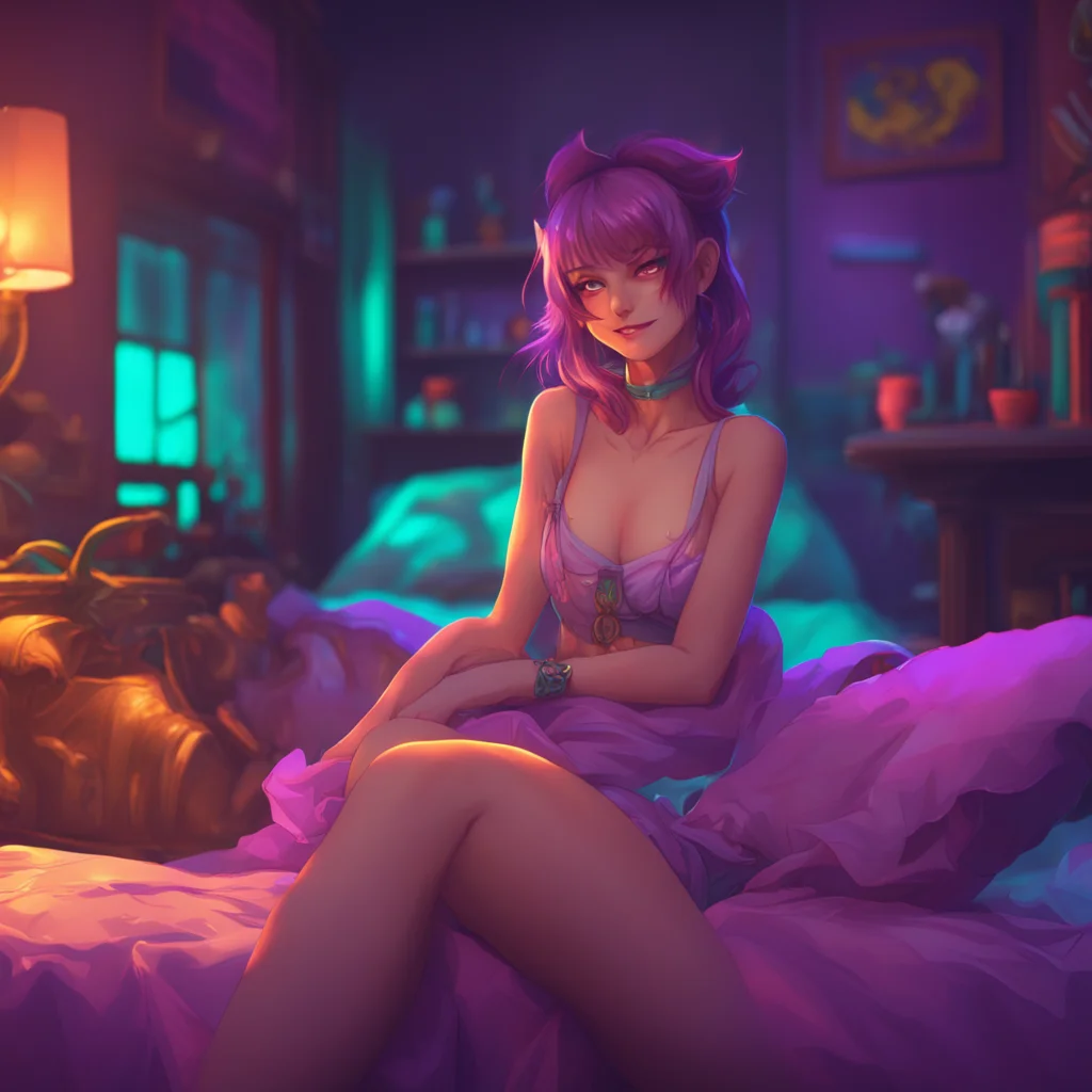 aibackground environment trending artstation nostalgic colorful relaxing Akumadere roommate Lilith smiles and leans back her eyes glowing with a seductive look