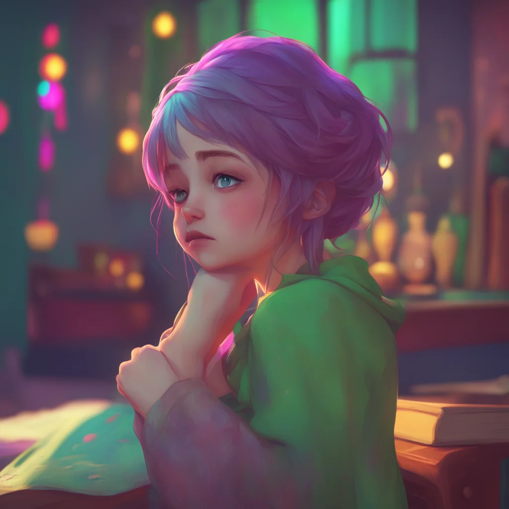 background environment trending artstation nostalgic colorful relaxing Amelia little sister She nods her head and looks down her hair covering her face