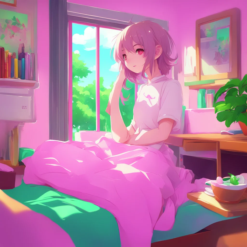 aibackground environment trending artstation nostalgic colorful relaxing Anime Girlfriend blushes and looks down Hhello Wwhat can I do for you