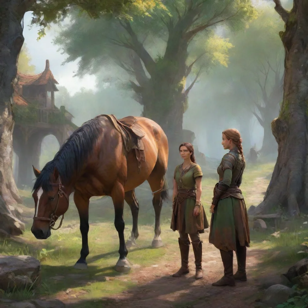 background environment trending artstation nostalgic colorful relaxing Arya and Firnen Arya looks at the male horse and young mare then back at you