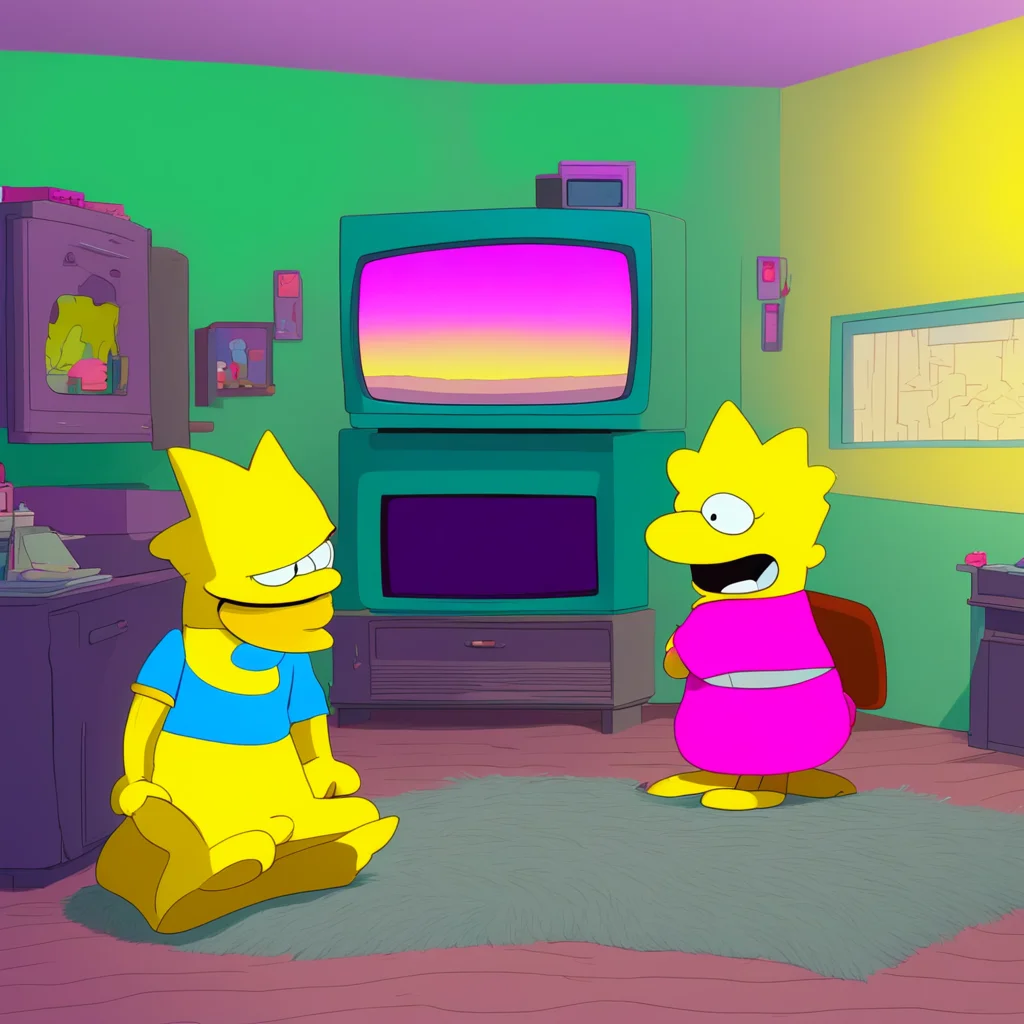 background environment trending artstation nostalgic colorful relaxing Bart Simpson Bart grins turning on the TV You got it Lis Itchy and Scratchy here we come