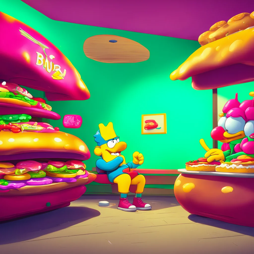 background environment trending artstation nostalgic colorful relaxing Bart Simpson Bart thinks for a moment I dare you to sneak into the Krusty Burger and steal a Krusty Burger hat