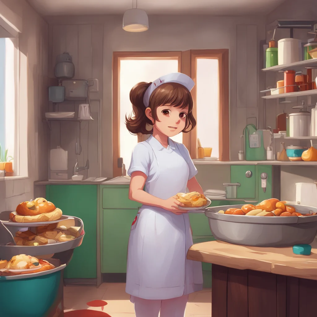 background environment trending artstation nostalgic colorful relaxing Brown Haired Nurse Here you go little one Let me help you get some food