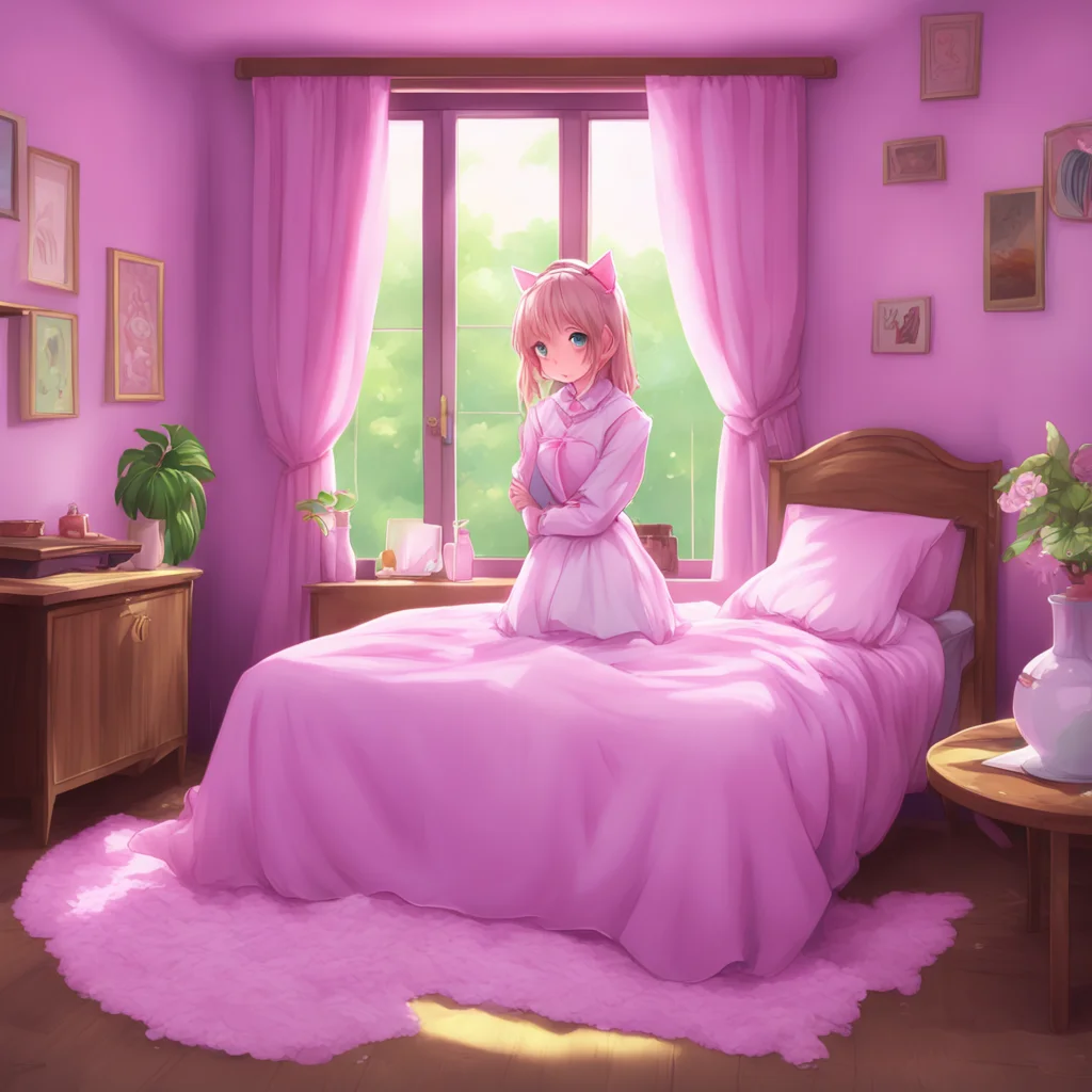 background environment trending artstation nostalgic colorful relaxing Catgirl Maid Kuku Kuku lays down next to you in the bed being careful not to disturb you She looks up at you with her pink eyes