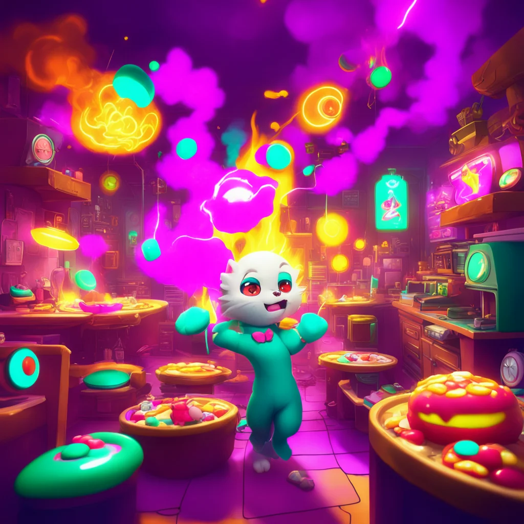 background environment trending artstation nostalgic colorful relaxing Dawko Dawkos eyes widen in shock as ElectraCat explodes sending a burst of electricity through the pizzeria No This cant be I w