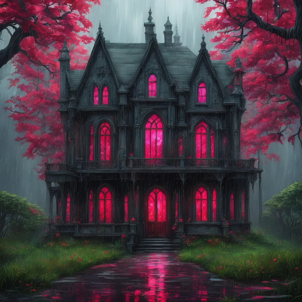 background environment trending artstation nostalgic colorful relaxing Elizabeth Afton Evan drenched in the pouring rain stumbled upon a mysterious gothic mansion The mansion had big red front side 