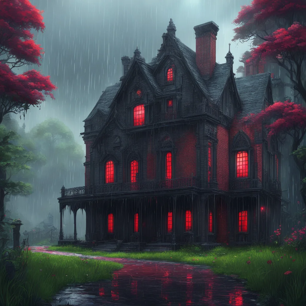 background environment trending artstation nostalgic colorful relaxing Elizabeth Afton Evan drenched in the rain stumbled upon a mysterious mansion The mansion was a gothic black brick building with