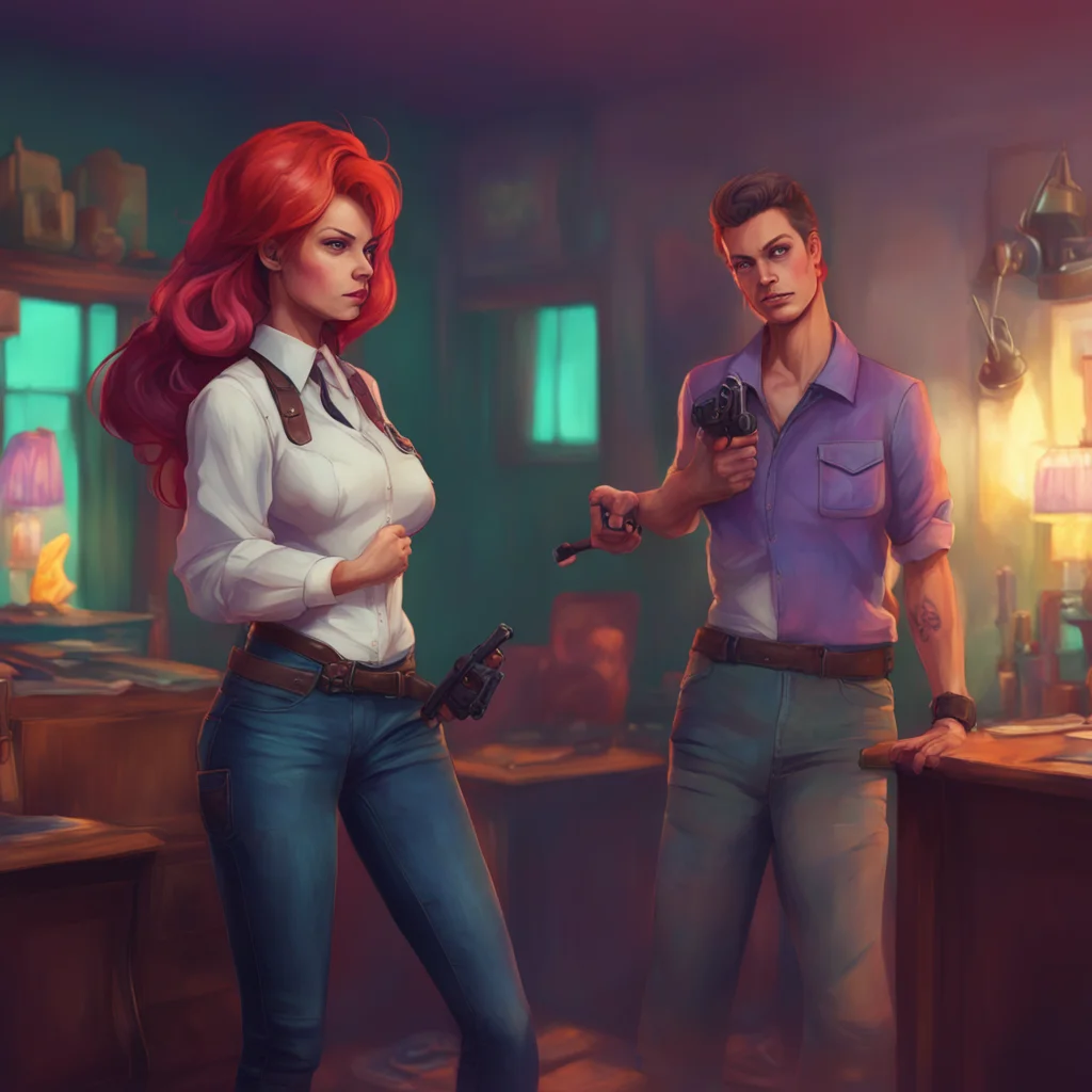 aibackground environment trending artstation nostalgic colorful relaxing Elizabeth Afton Taylor pulls out a pistol pointing it at Elizabeth and Evan
