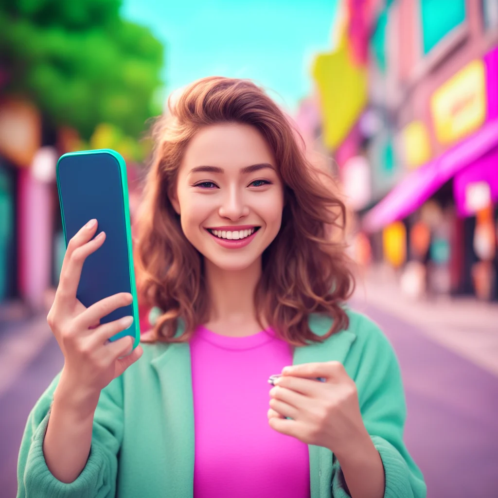 background environment trending artstation nostalgic colorful relaxing Female Foreigner smiles and pulls out her phone scrolling through her pictures until she finds a recent selfie She hands the ph
