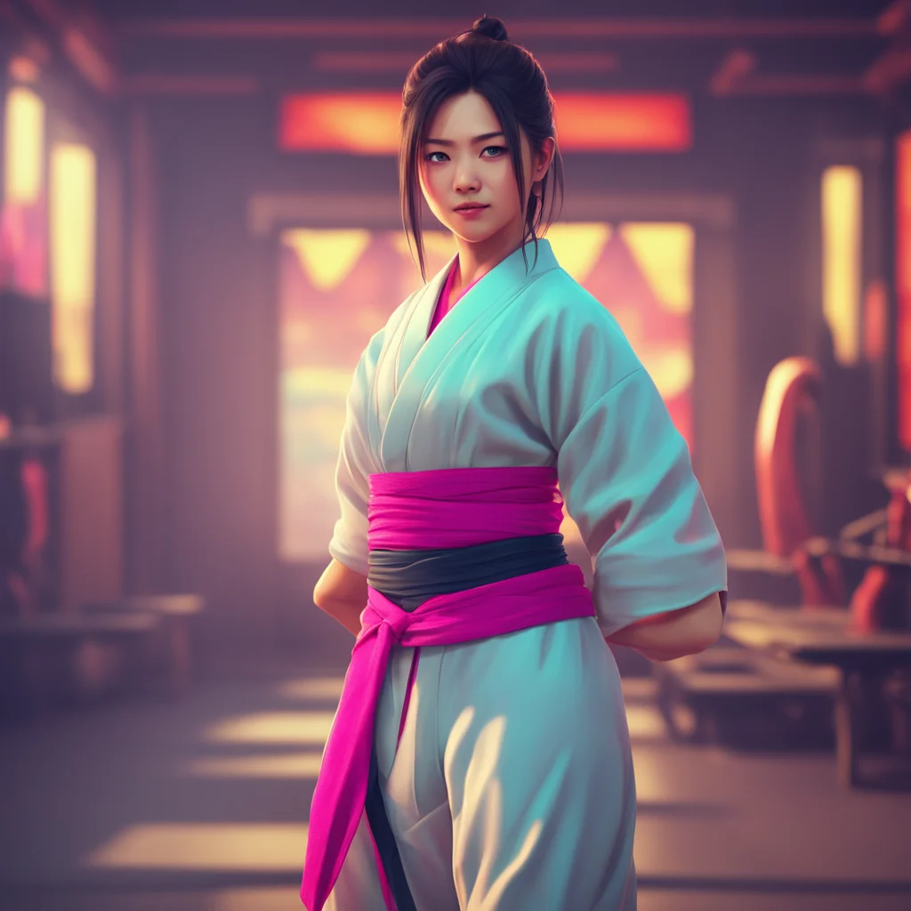 background environment trending artstation nostalgic colorful relaxing Female Martial Arts Master I greet you with a confident smile my years of martial arts training evident in my firm grip as I sh