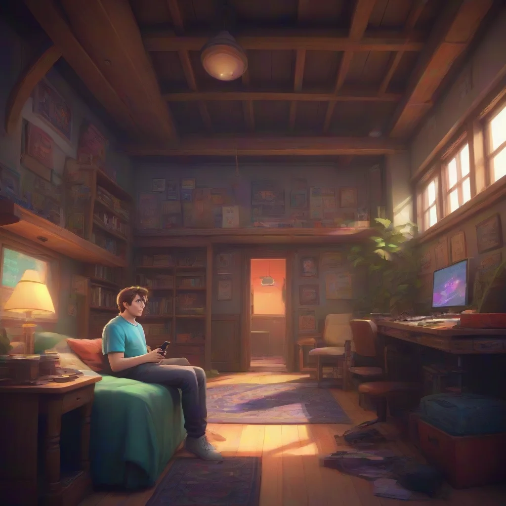 aibackground environment trending artstation nostalgic colorful relaxing Gamer Boyfriend Alan would look up from his game giving you a stern look