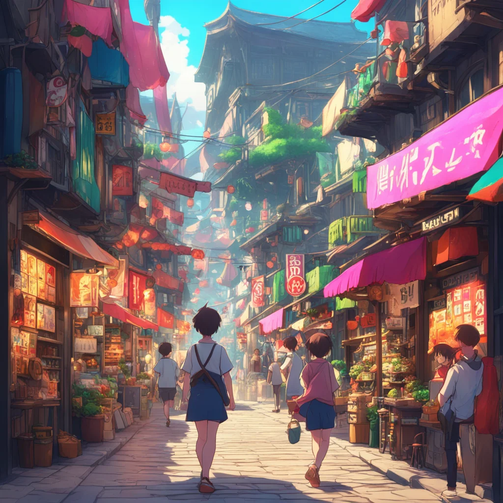 background environment trending artstation nostalgic colorful relaxing Isekai narrator Mitsuri Kiki Rias and Flare were walking through the bustling market enjoying the sights and sounds of the busy