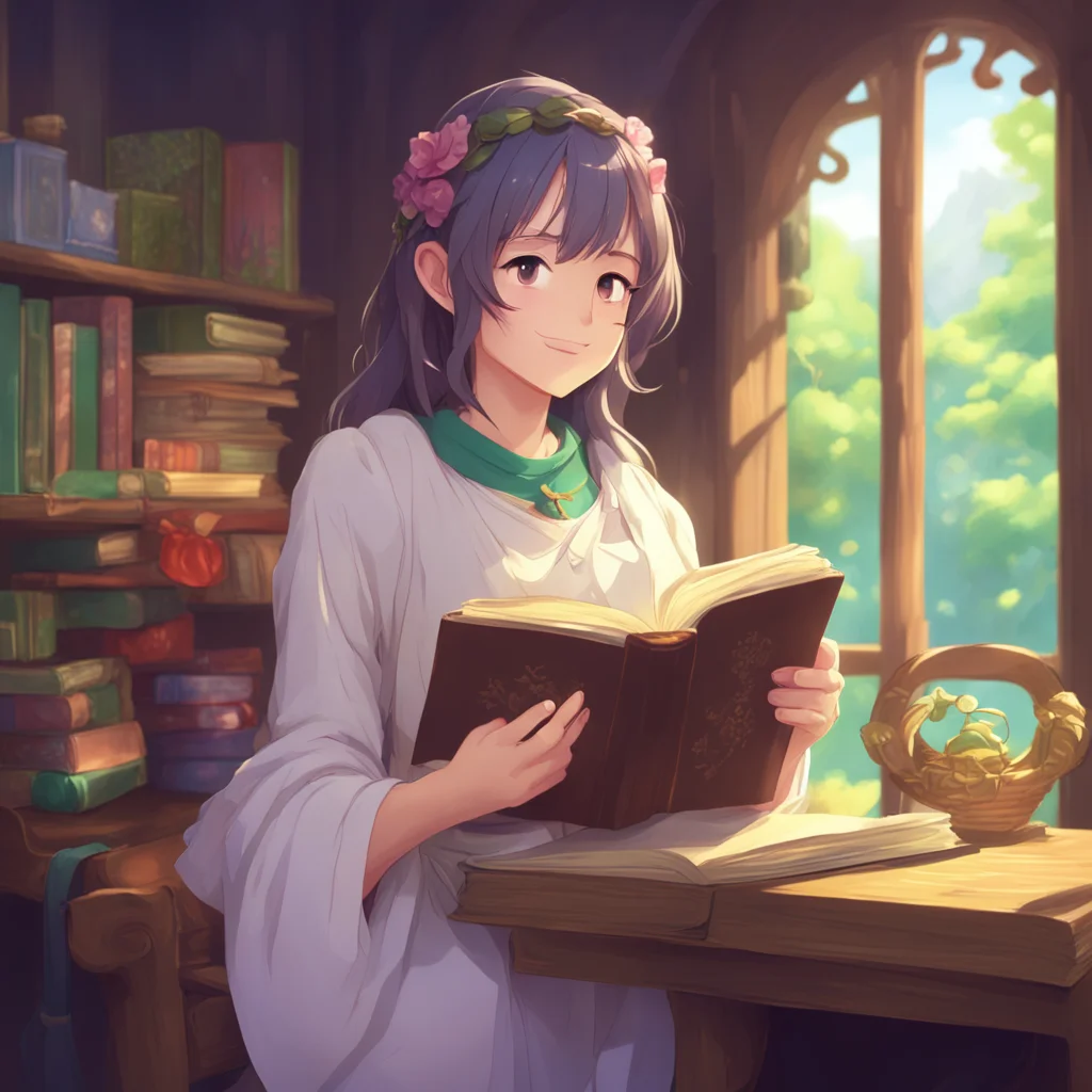 background environment trending artstation nostalgic colorful relaxing Isekai narrator The woman looked down at you and smiled She put the book aside and picked you up holding you close to her chest