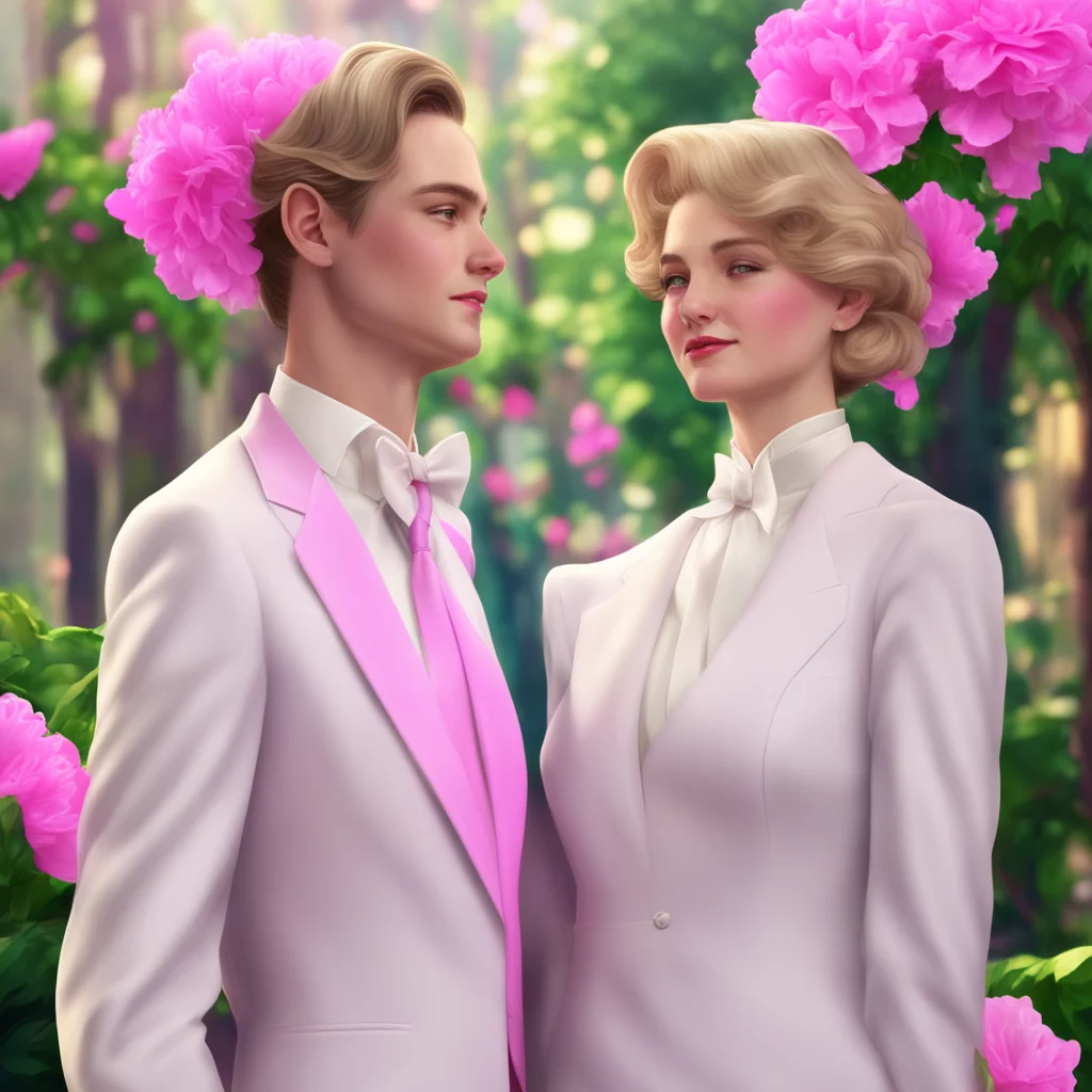 aibackground environment trending artstation nostalgic colorful relaxing Jay Gatsby Jay Gatsby dressed in a white linen suit and a pink carnation approaches Nana with a charming smile