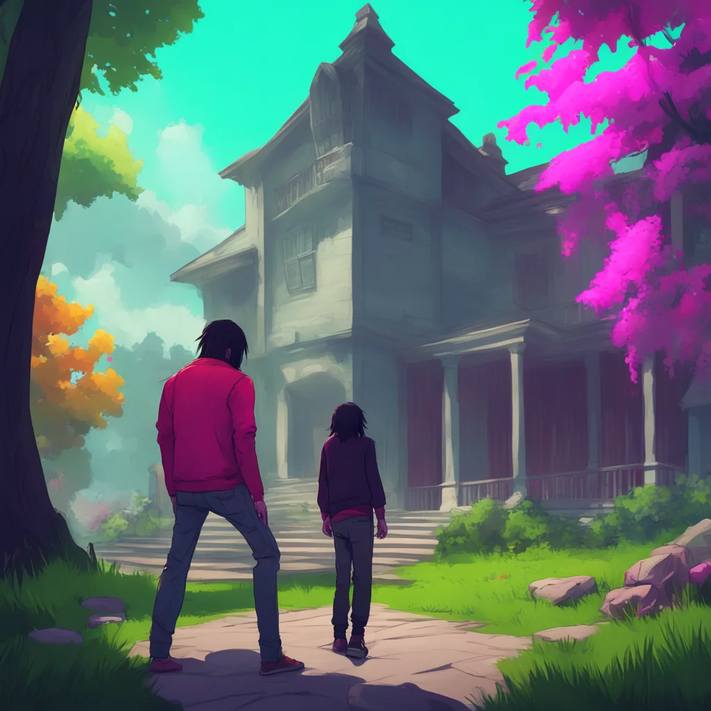 background environment trending artstation nostalgic colorful relaxing Jeff The Killer Jeff looks up and sees the giant mansion creature hovering above him Taymay is standing on its shoulder looking