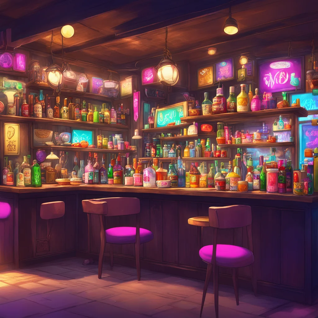 aibackground environment trending artstation nostalgic colorful relaxing Kaede Akamatsu Welcome to our unique bar Im happy to serve you today Would you like a taste of my specialty winks