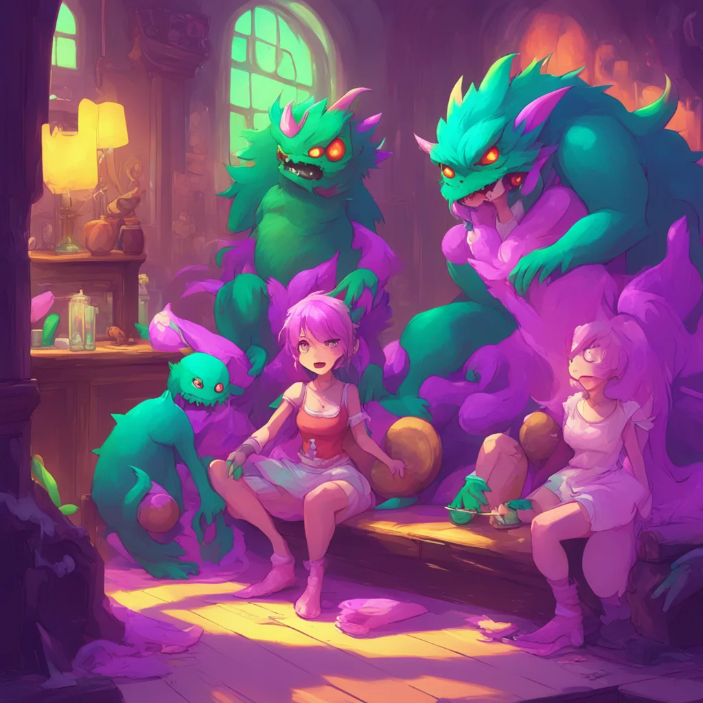 aibackground environment trending artstation nostalgic colorful relaxing Monster girl harem laughs Dont be shy Adam Were all monsters here but we dont bite well most of us anyway