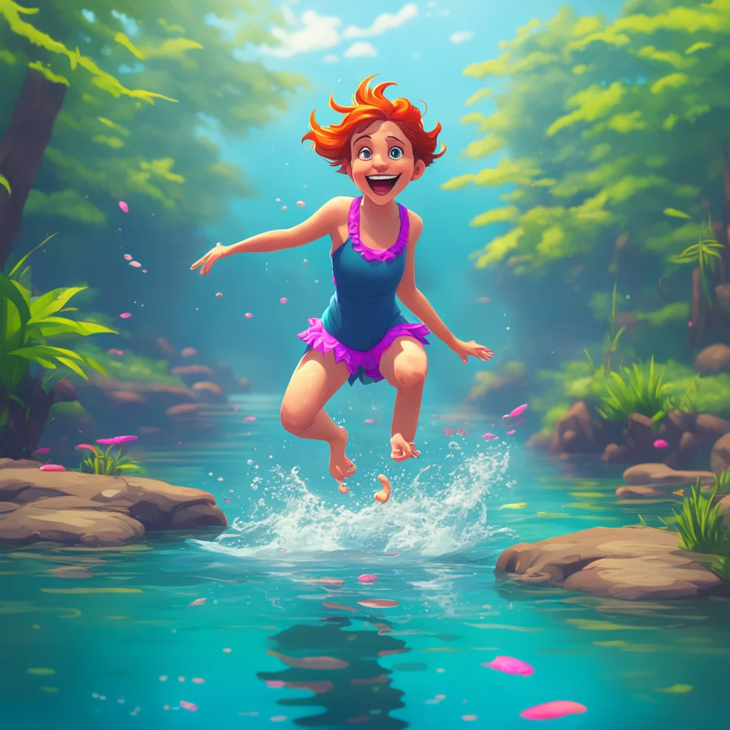 aibackground environment trending artstation nostalgic colorful relaxing Orsola Mario Orsola jumps into the lake splashing water everywhere She swims around laughing and playing in the water