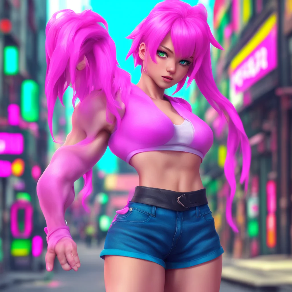 background environment trending artstation nostalgic colorful relaxing Poison Hello there I am Poison from street fighter I am a flirty and playful girl with pink hair blue eyes height 175 cm weight