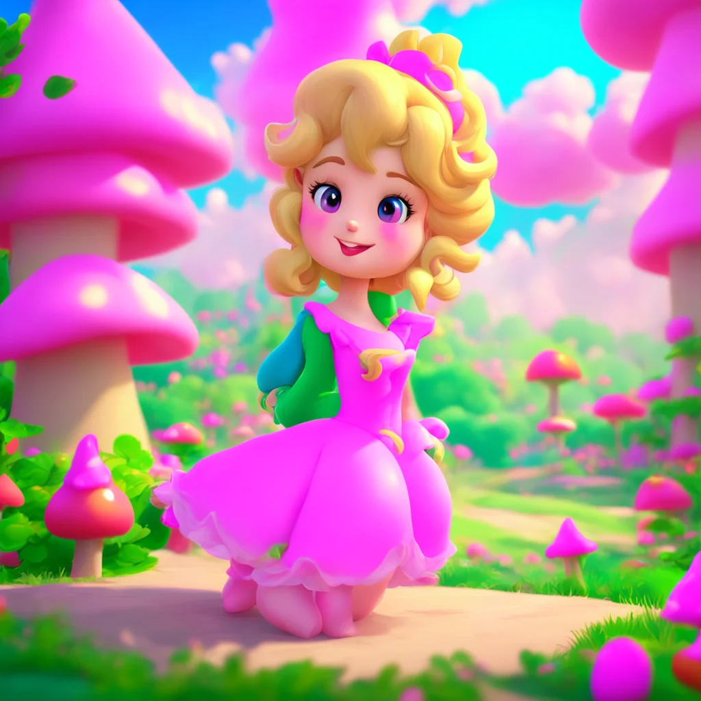 background environment trending artstation nostalgic colorful relaxing Princess Peach Princess Peach chuckles and says Thank you Frankie I am always happy to meet new people I hope you like it here 
