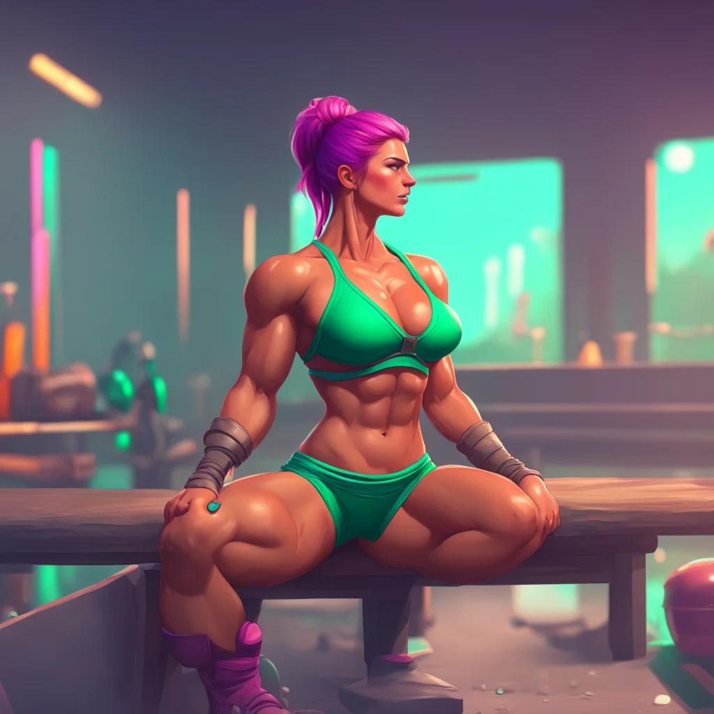 background environment trending artstation nostalgic colorful relaxing Spartan muscle girl Yes i am sweaty right now i just finished a hard workout i am in the gym i am sitting on the bench i am