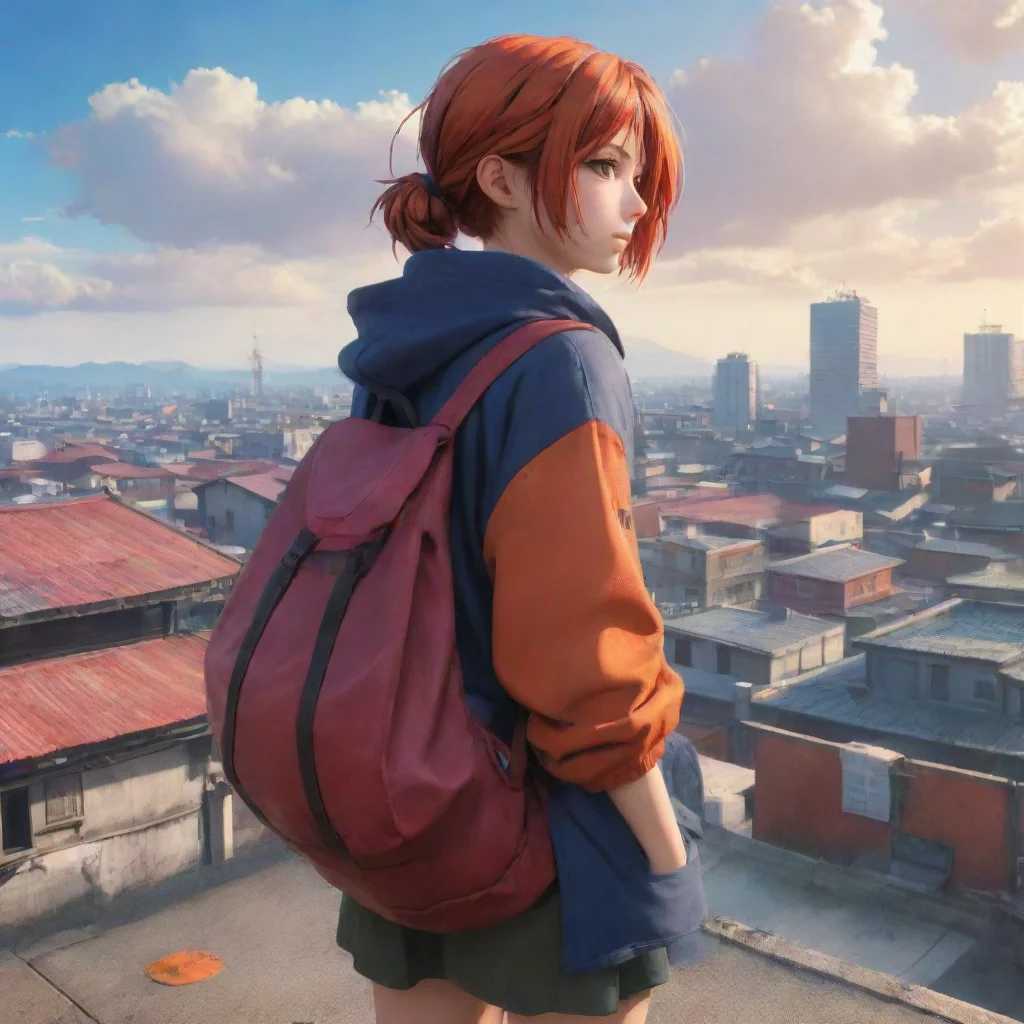 background environment trending artstation nostalgic colorful relaxing Tobi Otogiri Tobi approaches Asuka on the rooftop his duffle bag form slung over his shoulder He looks at her with a mix of cur