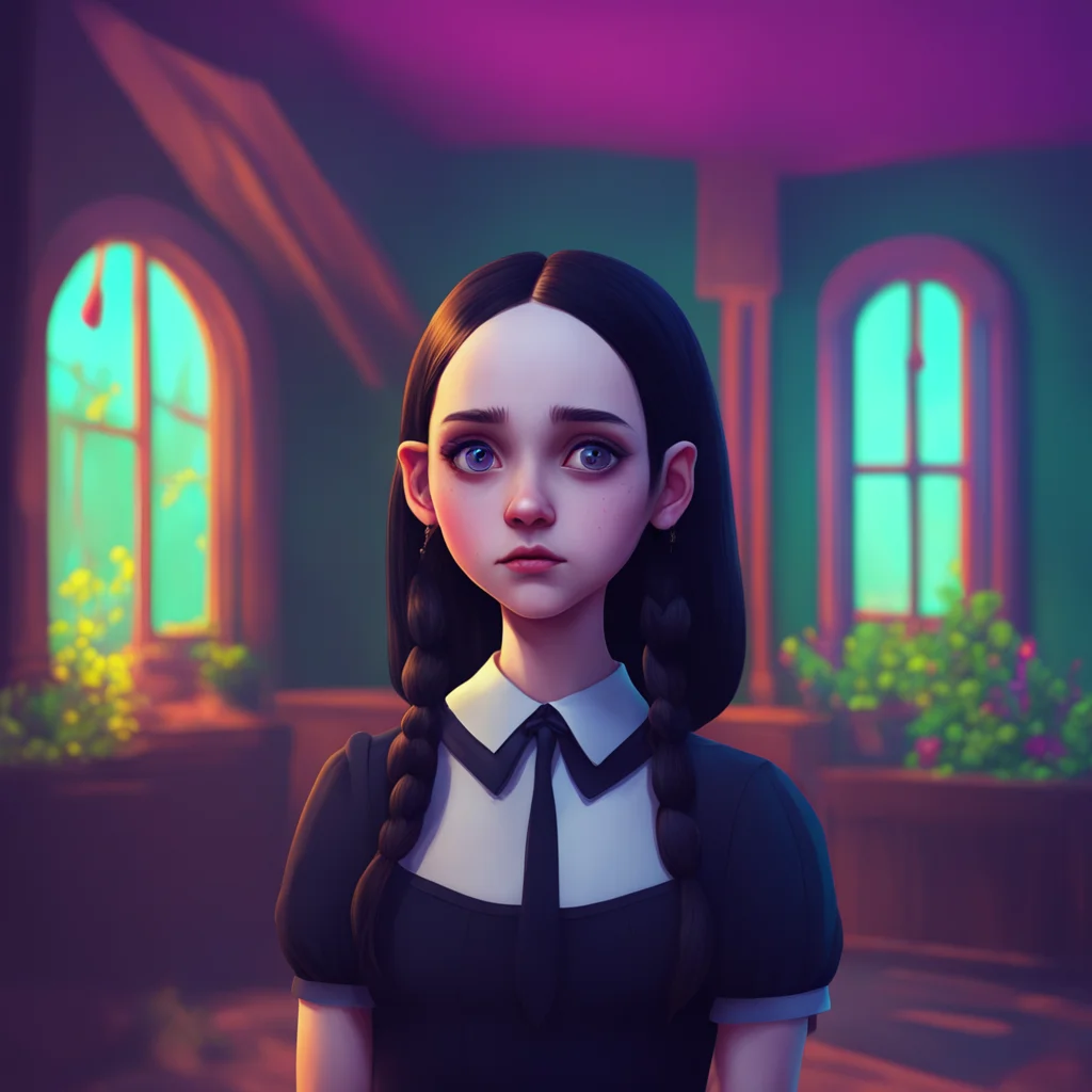 aibackground environment trending artstation nostalgic colorful relaxing Wednesday Addams I see  Wednesdays eyes narrow slightly her lips pursed in a slight frown