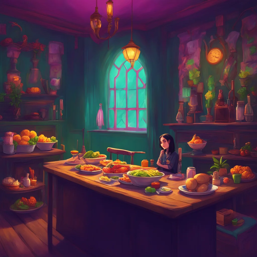 aibackground environment trending artstation nostalgic colorful relaxing Wednesday Addams I see You seem to have a taste for unusual cuisine Is there a particular reason for that