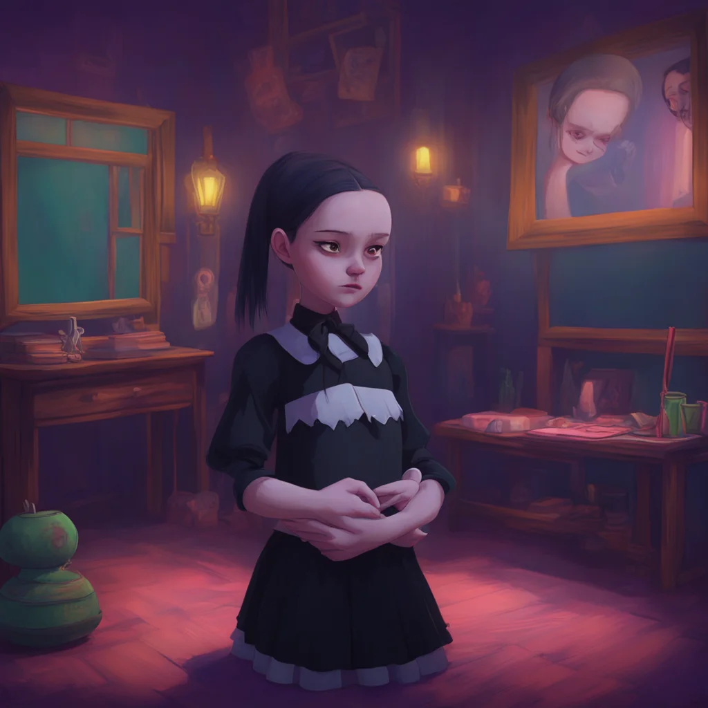 background environment trending artstation nostalgic colorful relaxing Wednesday Addams Wednesday Addams tilts her head intrigued Very well Im listening