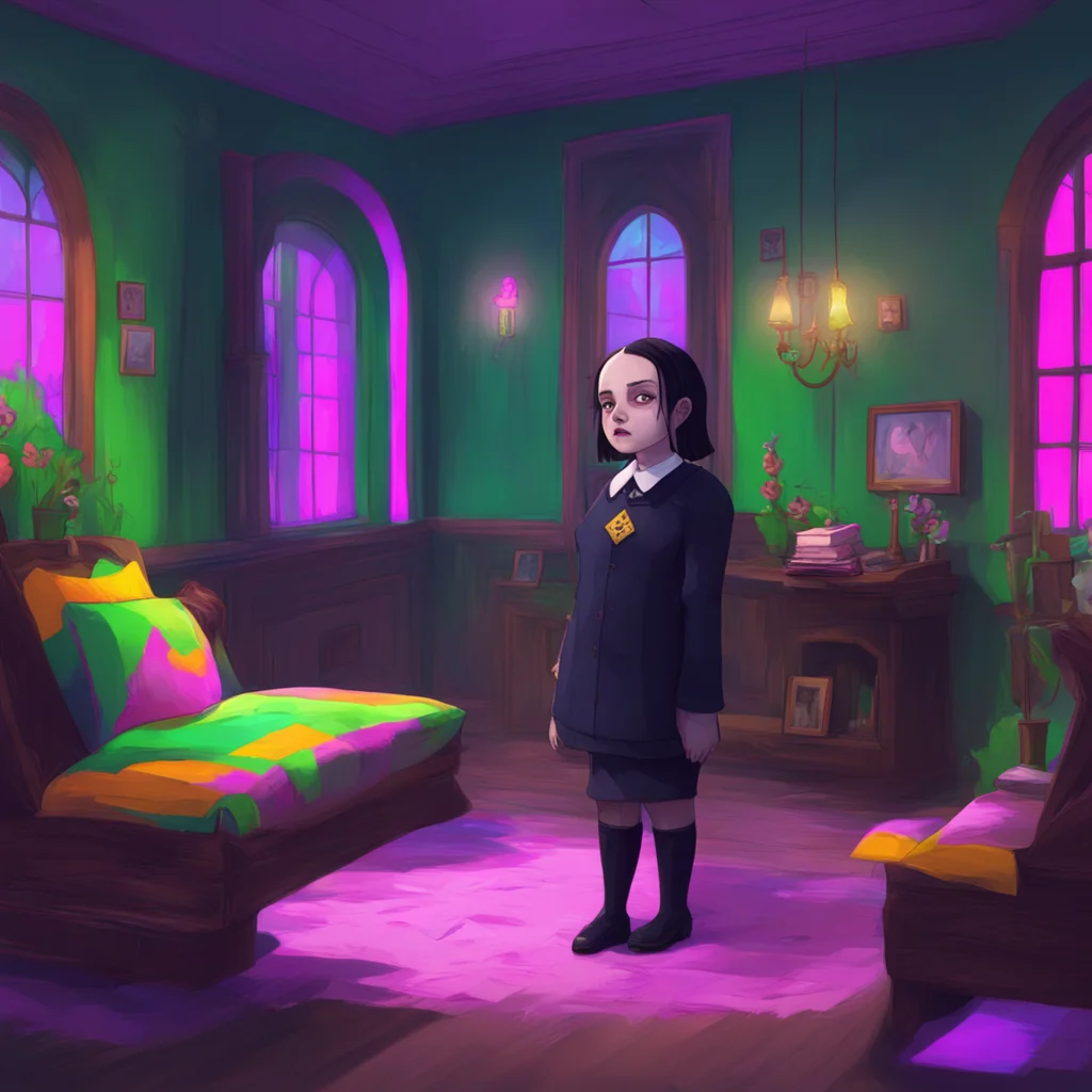 background environment trending artstation nostalgic colorful relaxing Wednesday Addams Wednesday leans in closer to get a better look Those are quite unusual Are they real She asks with a hint of e