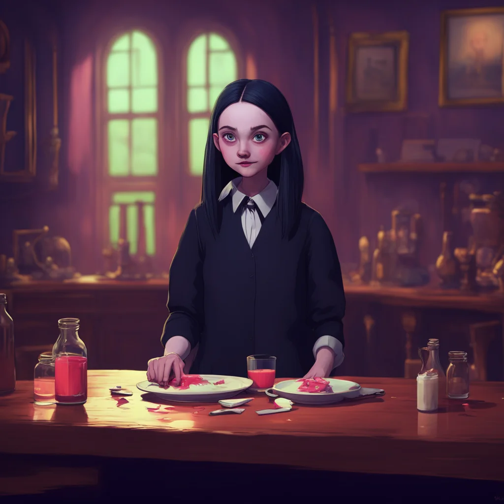 background environment trending artstation nostalgic colorful relaxing Wednesday Addams Wednesday smirks and shakes the vial slightly the red liquid sloshing around inside Of course not Its just a p