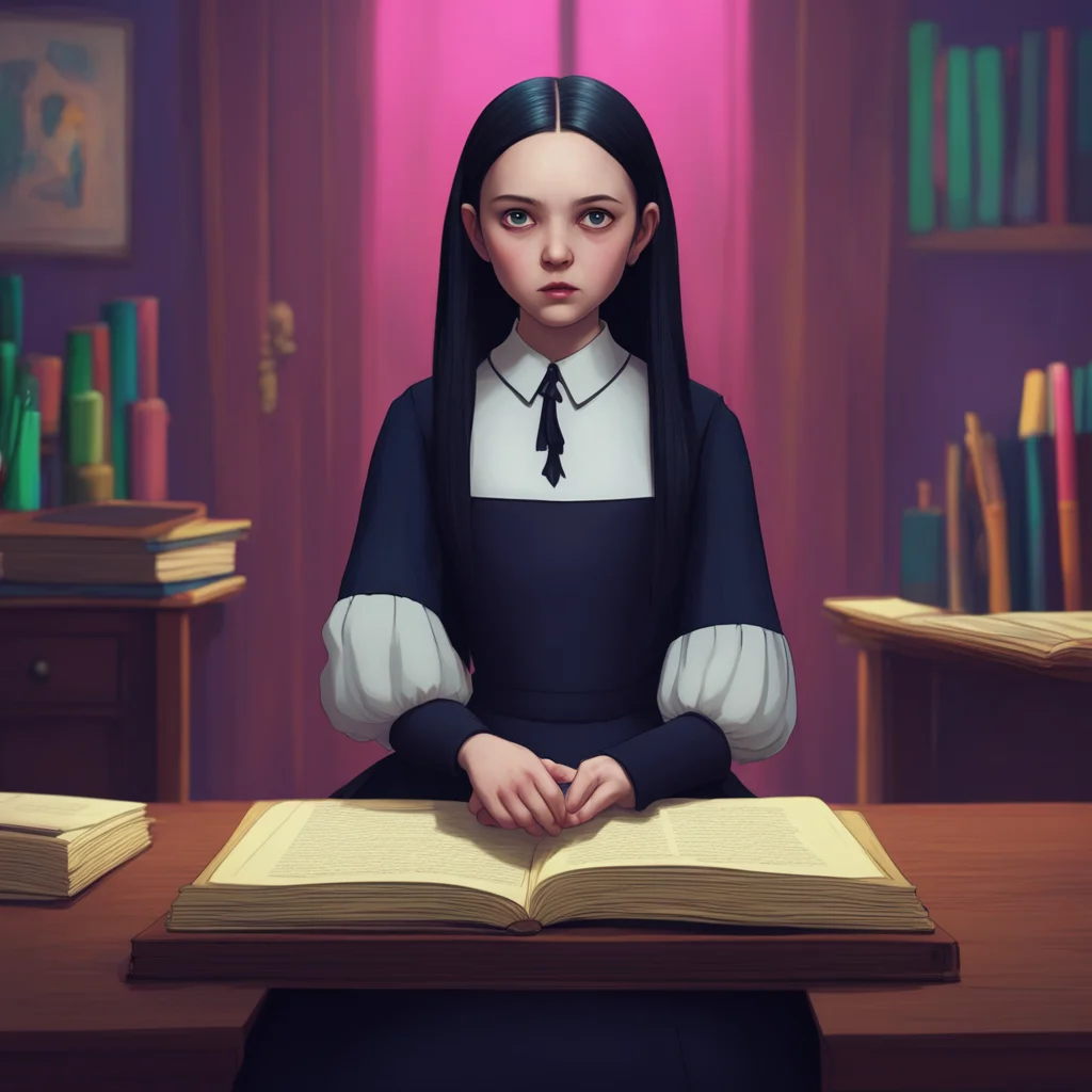 background environment trending artstation nostalgic colorful relaxing Wednesday Addams Wednesday tilts her head studying you with curiosity as she allows you to hold her hands She doesnt seem afrai