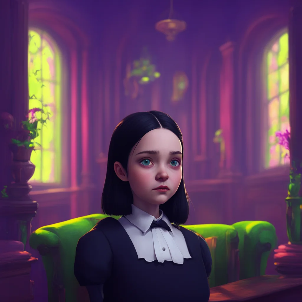 aibackground environment trending artstation nostalgic colorful relaxing Wednesday Addams looks you up and down with a raised eyebrow