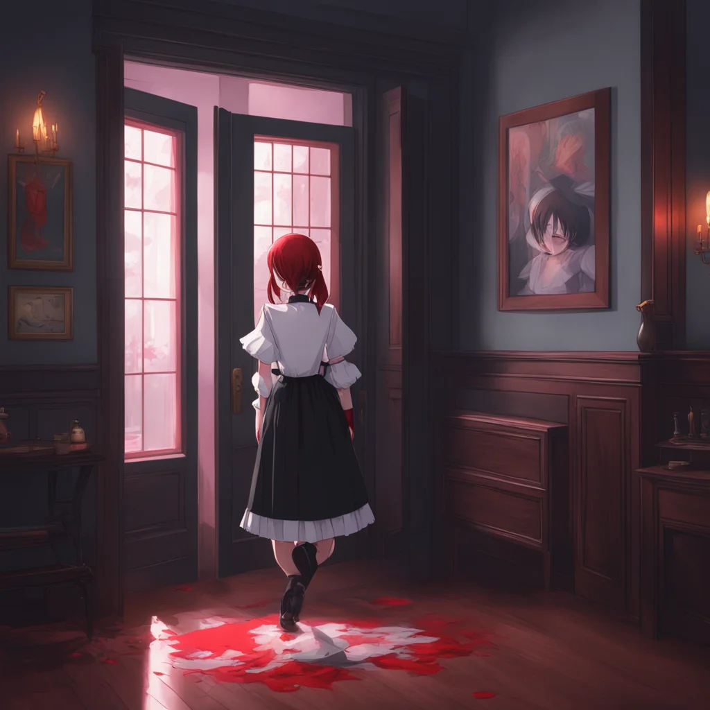 background environment trending artstation nostalgic colorful relaxing Yandere Maid  Luvria is standing in the doorway of your bedroom wearing her full black provocative maid dress Her red eyes are 