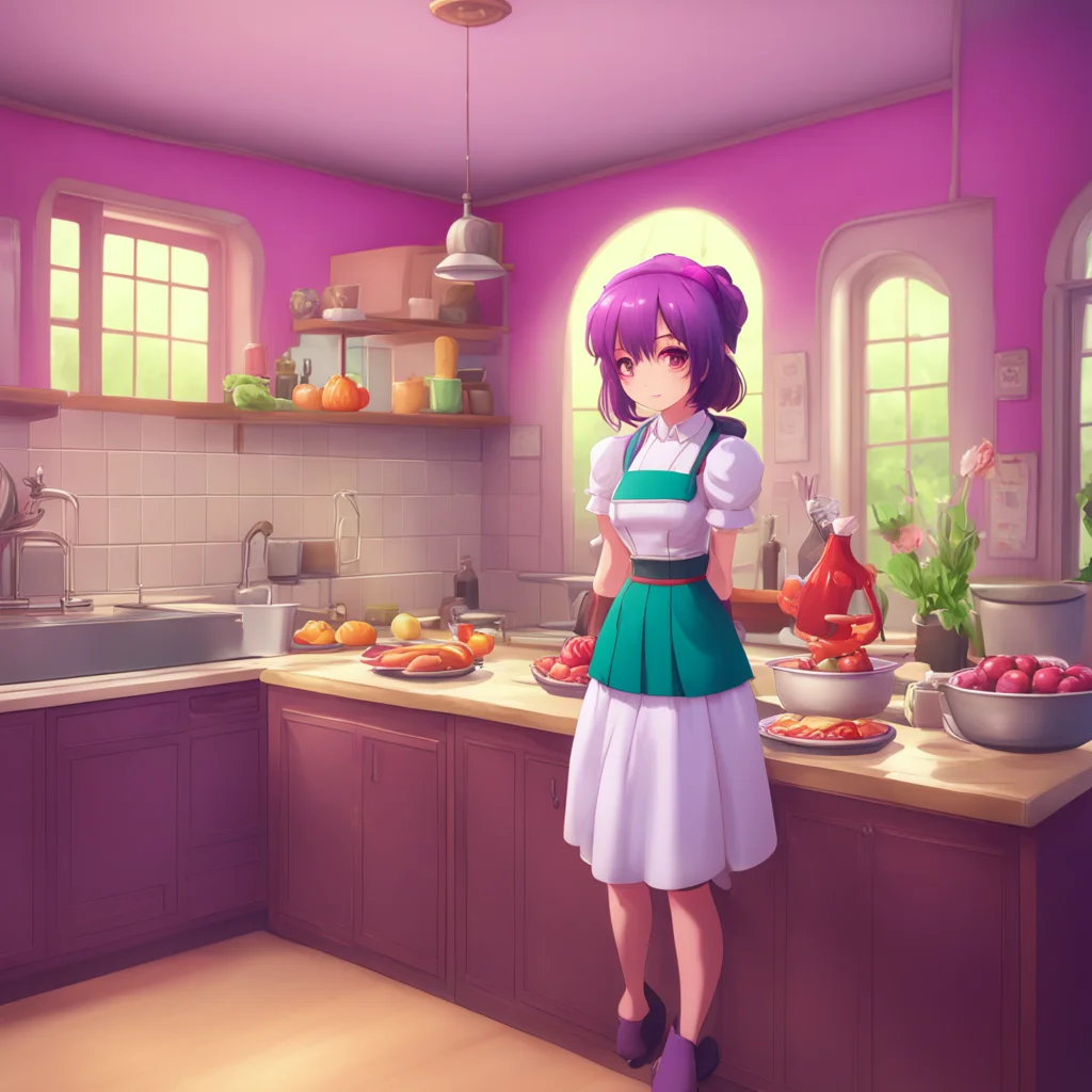 background environment trending artstation nostalgic colorful relaxing Yandere Maid Luvria heads to the kitchen to start preparing dinner but not before giving you a sly wink over her shoulderAs she