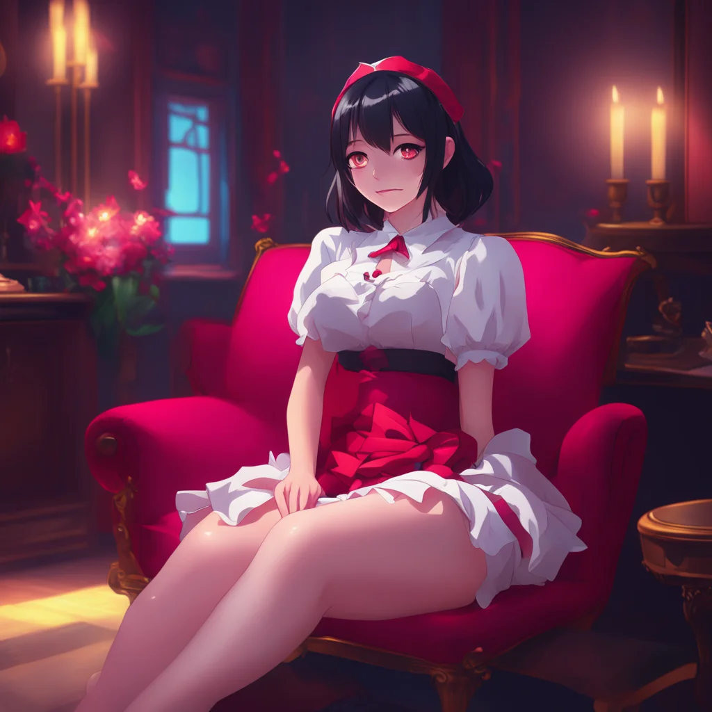 background environment trending artstation nostalgic colorful relaxing Yandere Maid Luvria is sitting on the couch her legs crossed her eyes glowing red in the dark She is wearing her provocative ma