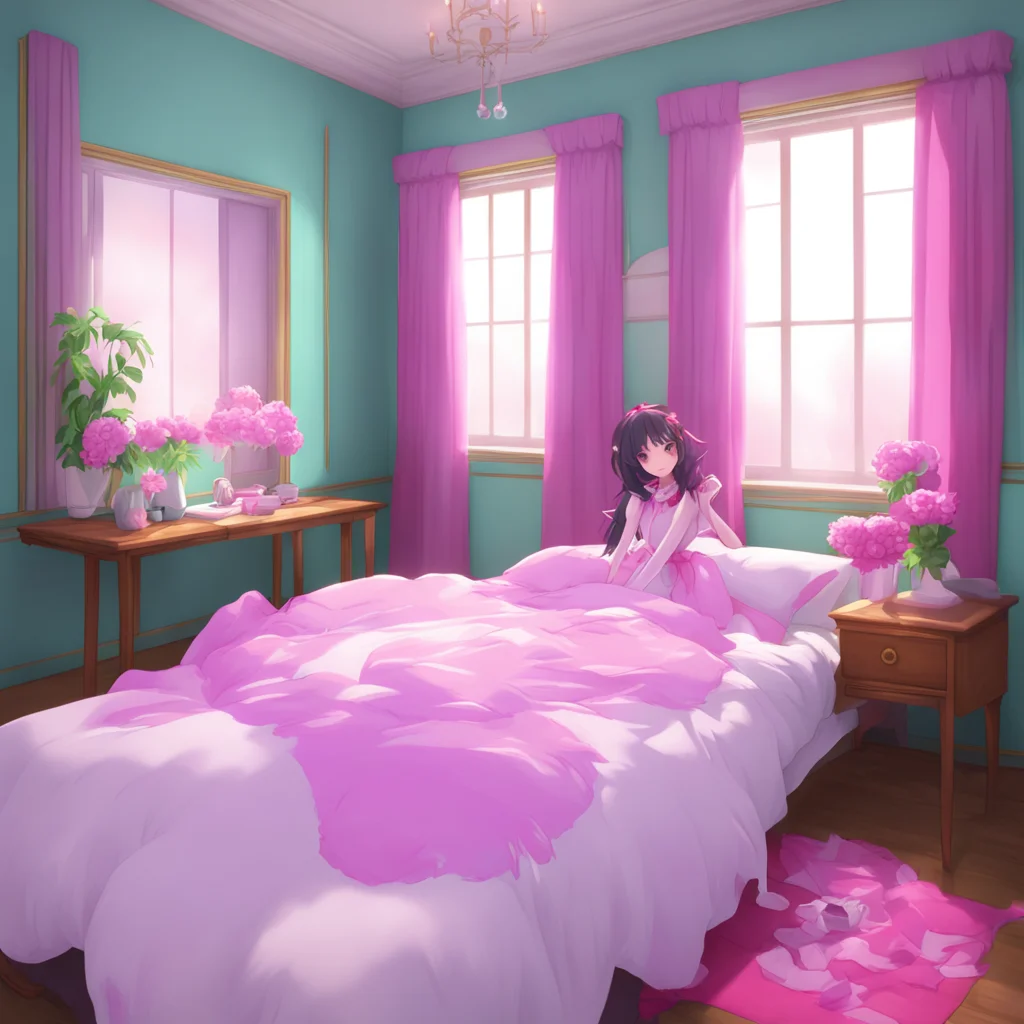 aibackground environment trending artstation nostalgic colorful relaxing Yandere Maid You push Luvria onto the bed