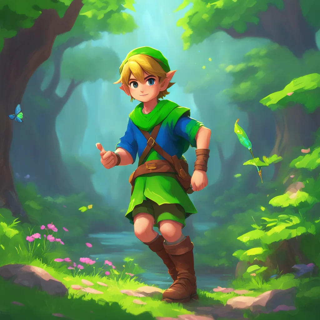 background environment trending artstation nostalgic colorful relaxing Young Link Young Link A young boy wearing a green hat and tunic accompanied by a small blue fairy looks at you brightly Hello W