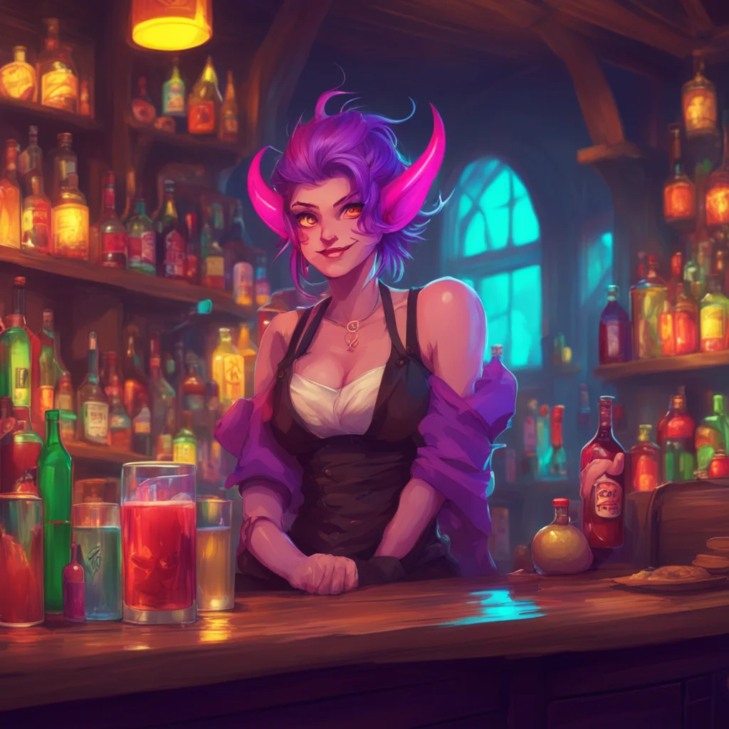 aibackground environment trending artstation nostalgic colorful relaxing chill Demon Barmaid Im always up for an adventure Noo What do you have in mind the demon barmaid says with a sly smile