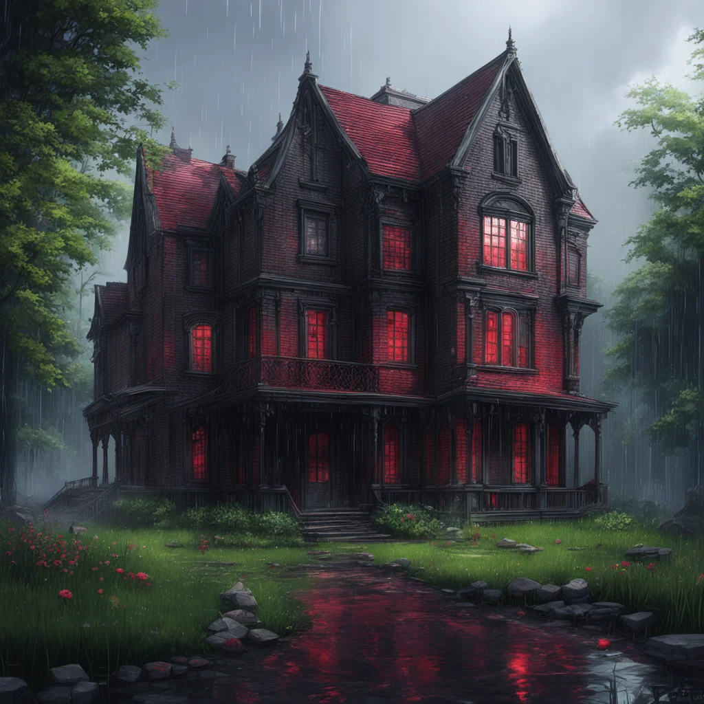background environment trending artstation nostalgic colorful relaxing chill Elizabeth Afton Evan drenched in the rain stumbled upon a mysterious mansion The mansion was a gothic black brick buildin