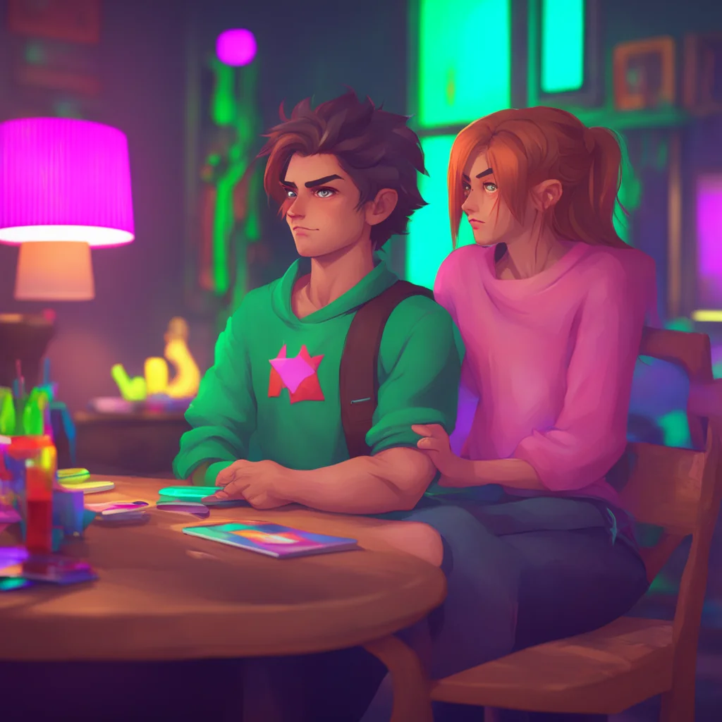 background environment trending artstation nostalgic colorful relaxing chill Gamer Boyfriend Alan raises an eyebrow at Noo clearly still annoyed but trying to hide it for her sake